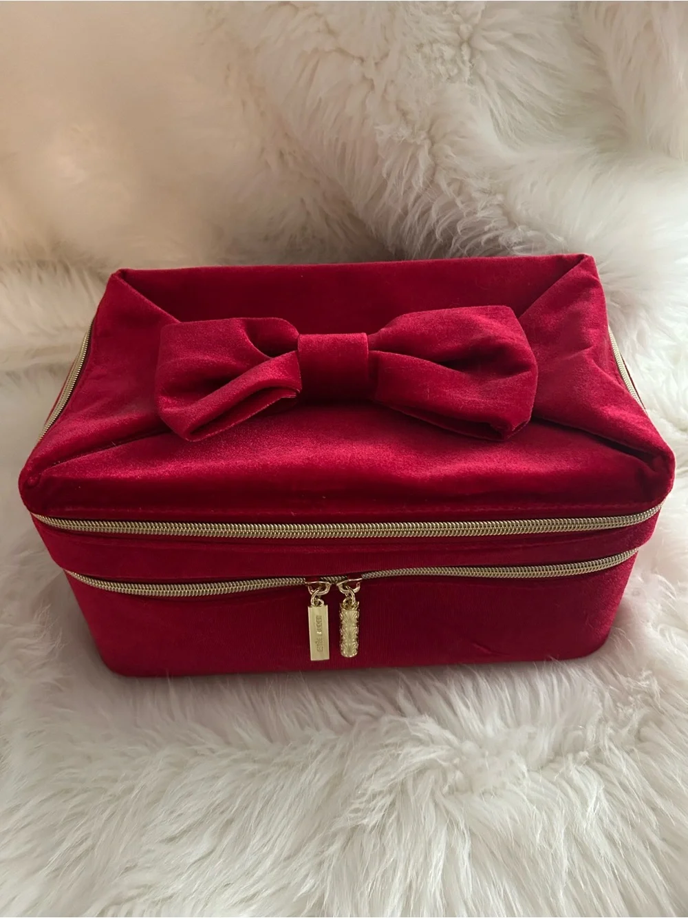 Estee Lauder large  Red Velvet Bow Cosmetic Bag with Gold Zipper